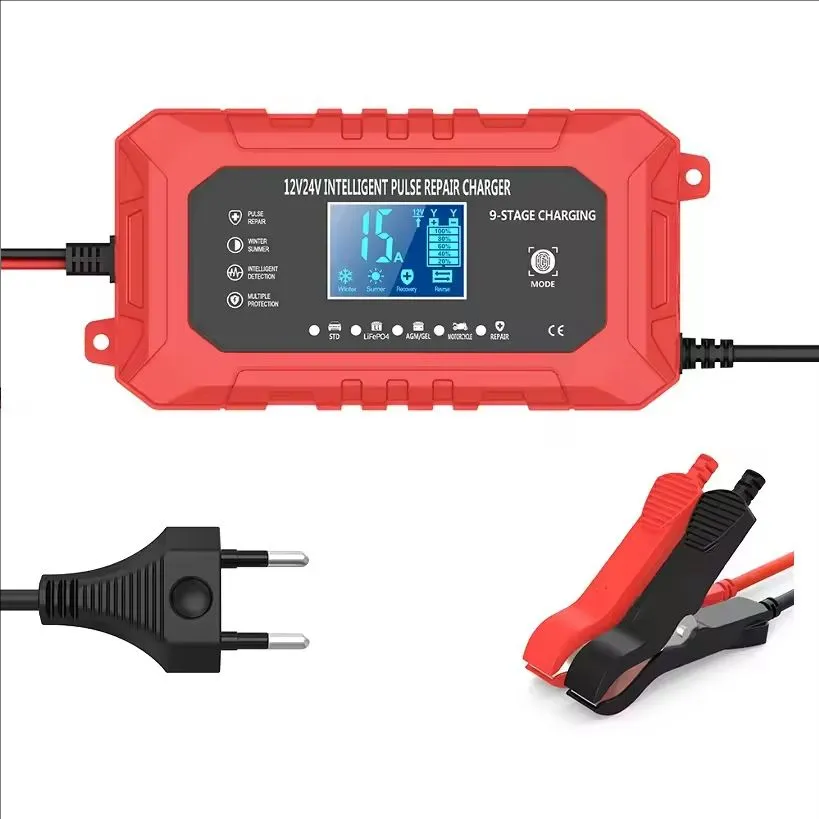 Pametni punjač akumulatora 12V/24V 15A crveni LCD