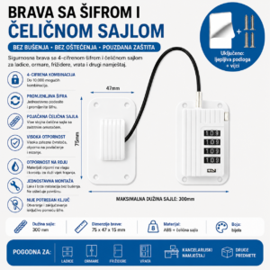 Brava sa sifrom i celicnom sajlom za ladice ormare bijela