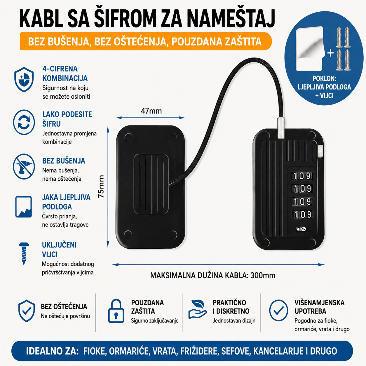 Brava sa sifrom i sajlom za ladice ormare frizider crna