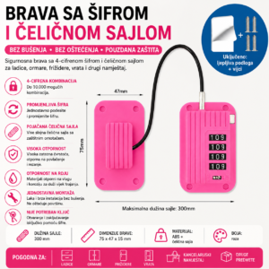 Brava sa sifrom i celicnom sajlom za ladice ormare roza