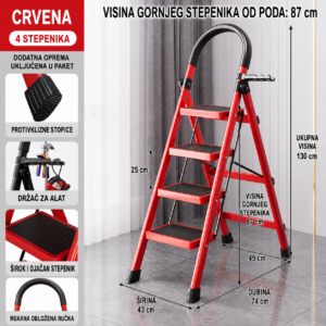 Sklopive merdevine crvene 4 stepenika sa drzacem za alat