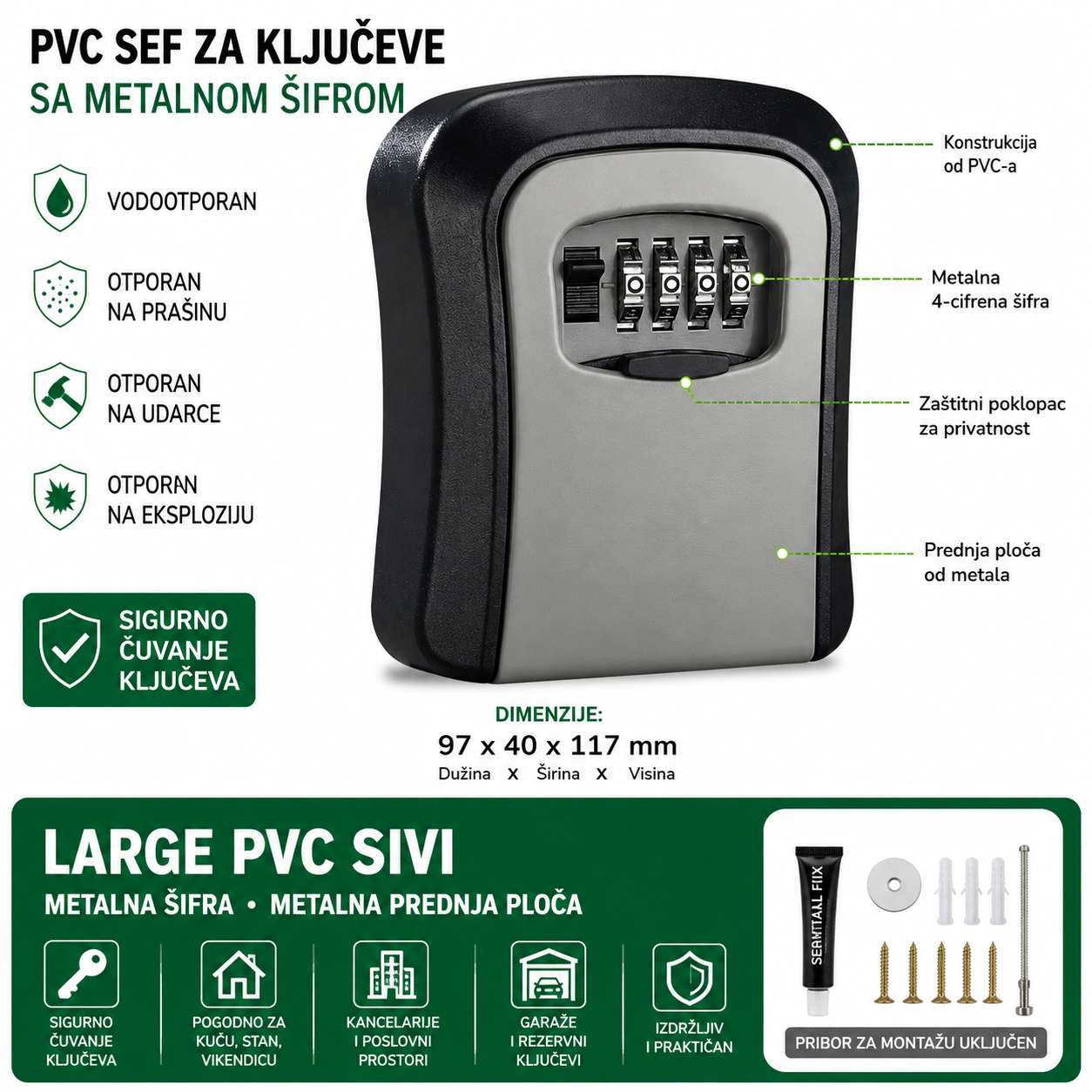 PVC sef za kljuceve sa metalnom sifrom Large sivi