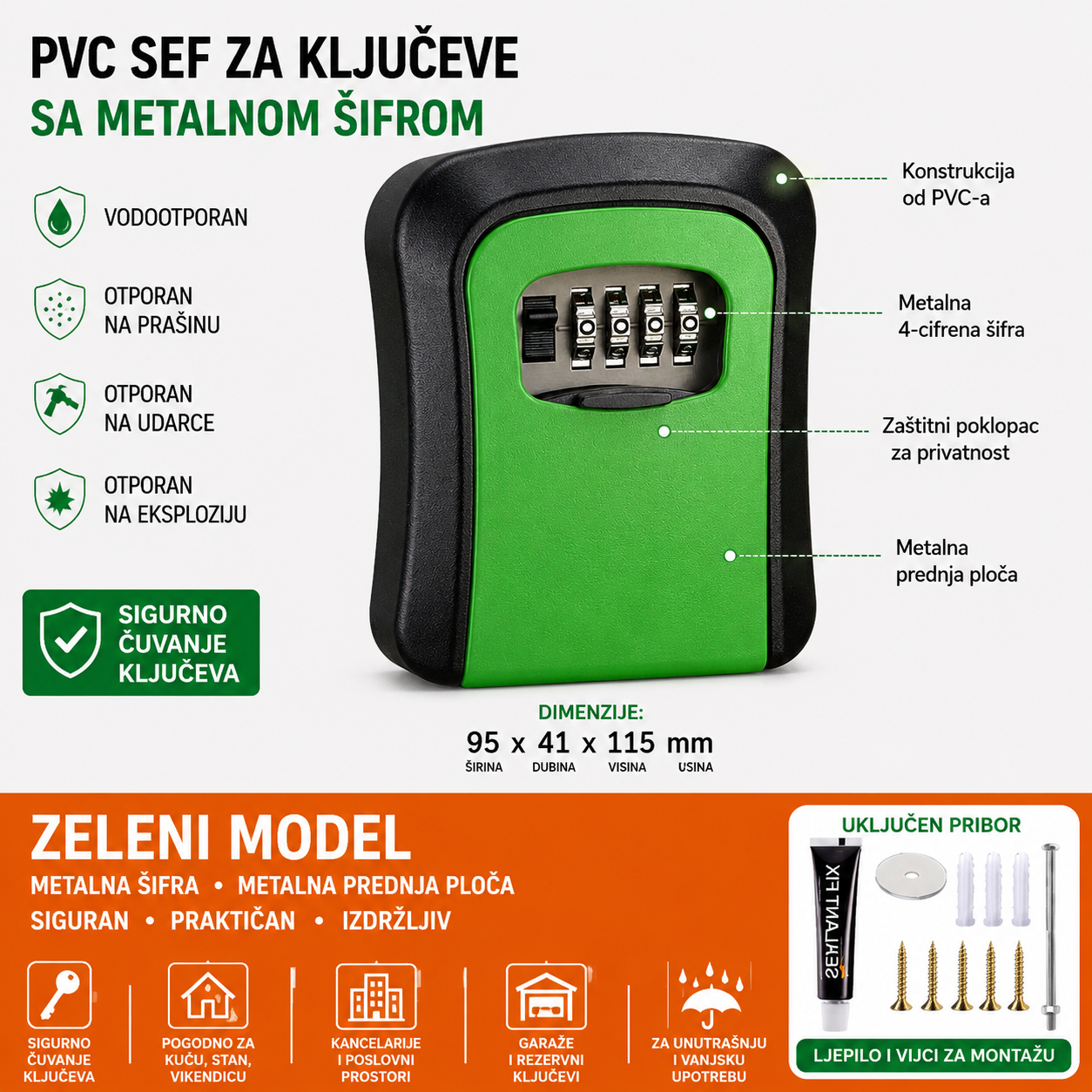 PVC sef za kljuceve sa metalnom sifrom Large zeleni