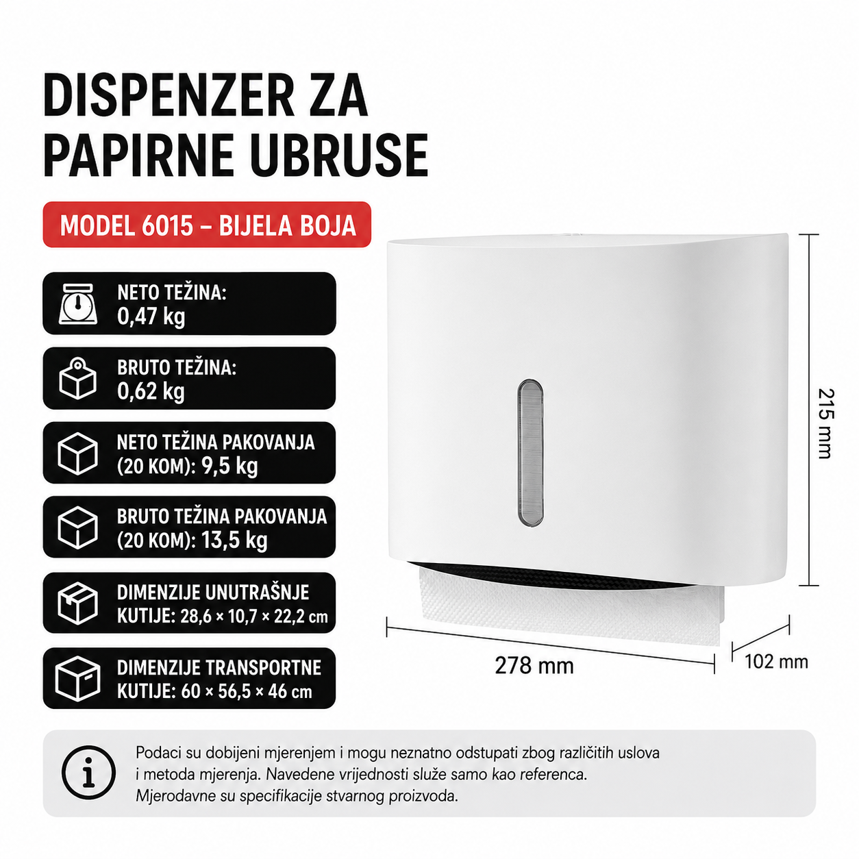 Dispenzer za Papirne Ubruse Zidni 6015 Bijeli ABS Plastika