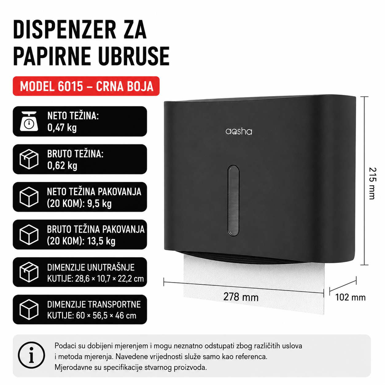Dispenzer za Papirne Ubruse Zidni 6015 Crni ABS Plastika