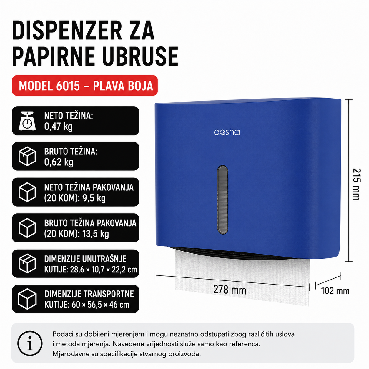Dispenzer za Papirne Ubruse Zidni 6015 Plavi ABS Plastika