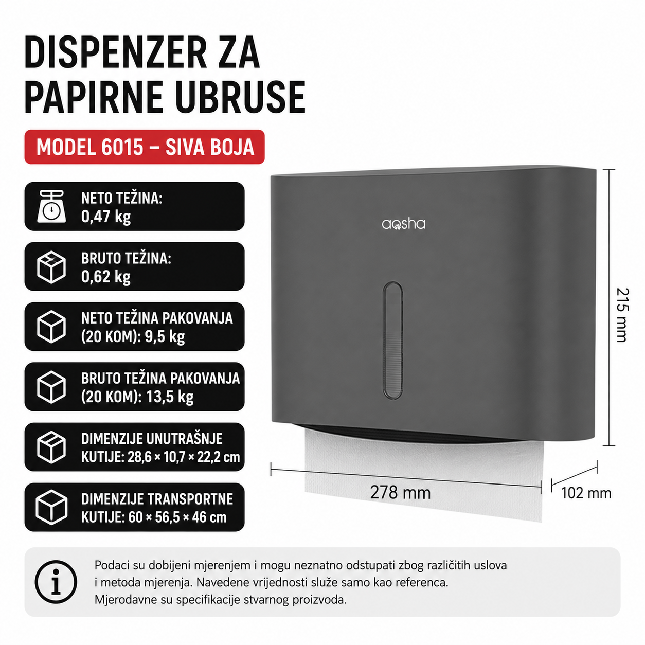 Dispenzer za Papirne Ubruse Zidni 6015 Sivi ABS Plastika