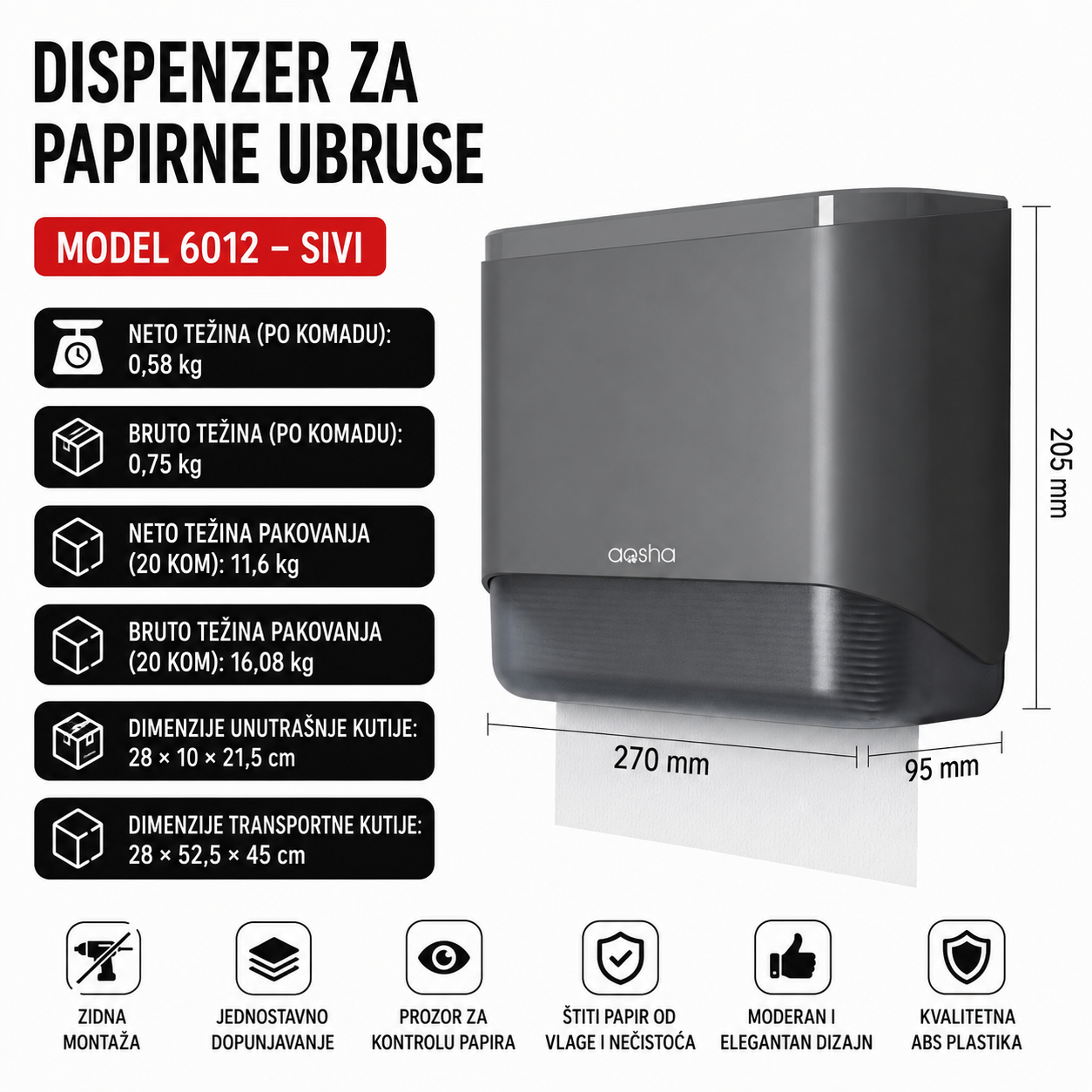 Dispenzer za Papirne Ubruse Zidni Model 6012 Sivi