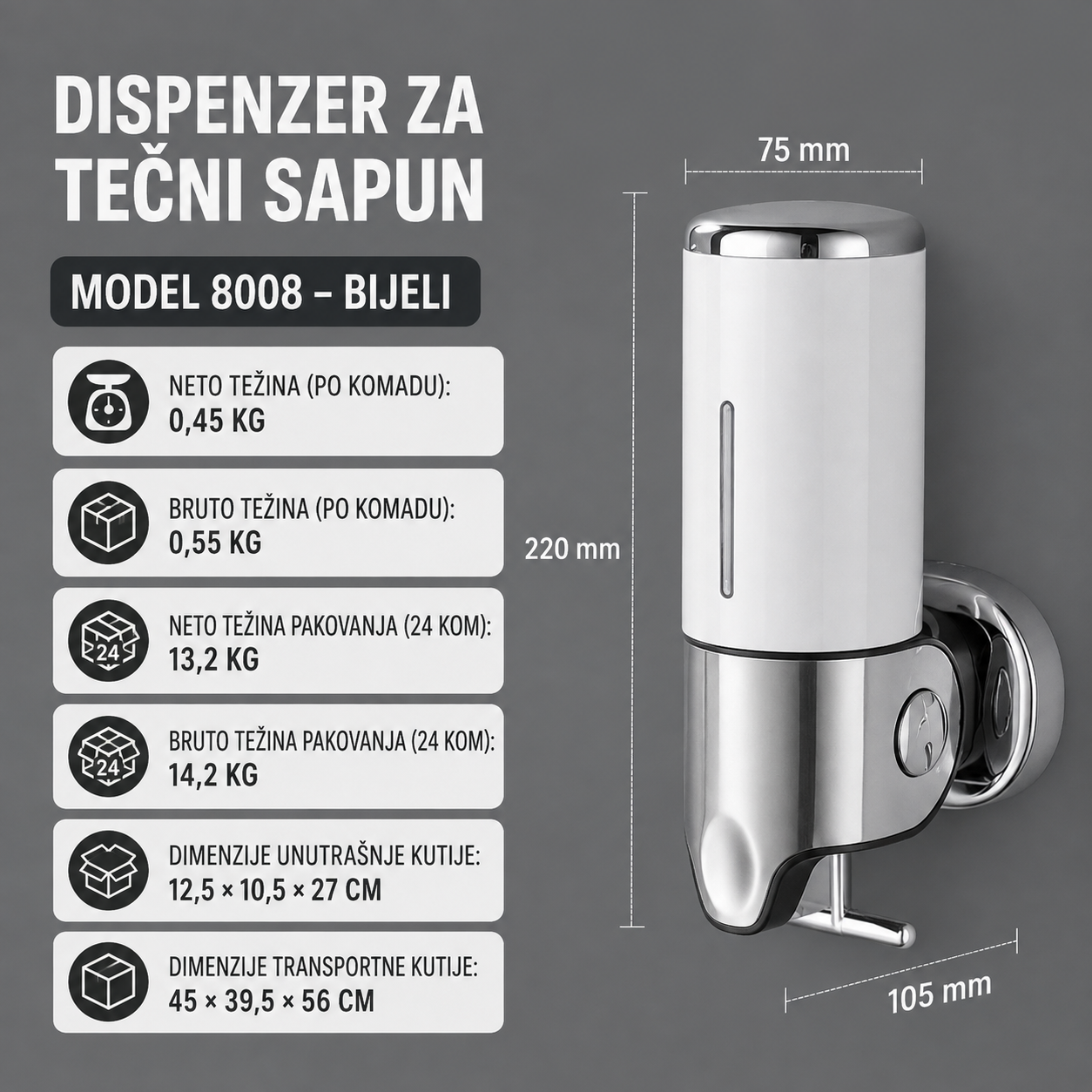 Dispenzer za Tečni Sapun Zidni 500ml Model 8008 Bijeli