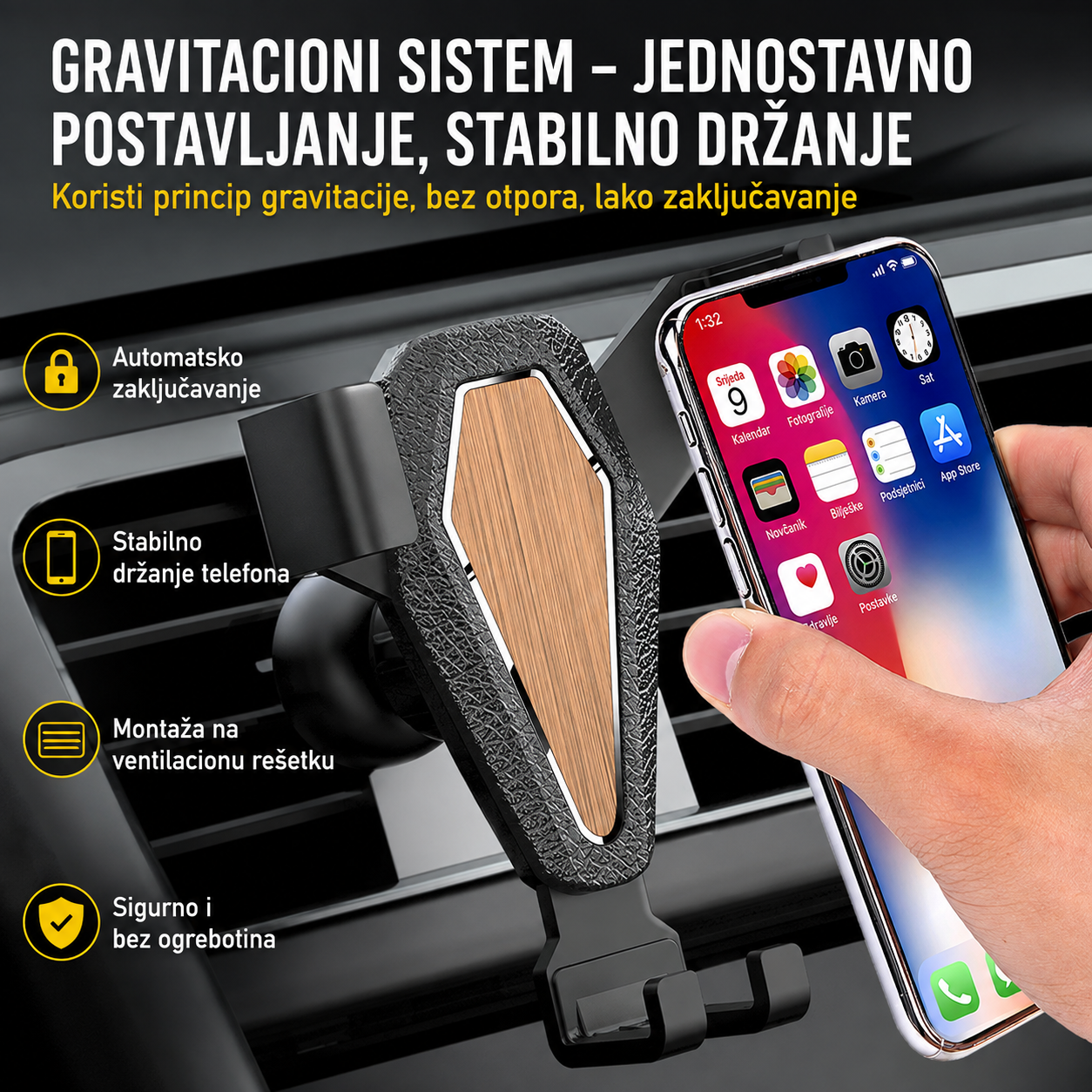 Auto drzac za telefon gravitacioni srebrni za ventilaciju - Image 2
