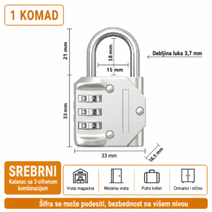 Katanac sa sifrom 3 cifre 33mm srebrni