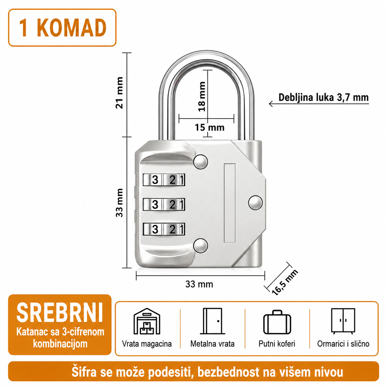 Katanac sa sifrom 3 cifre 33mm srebrni