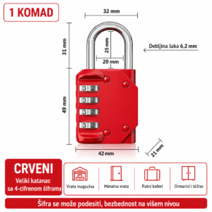 Katanac sa sifrom 4 cifre 42mm crveni