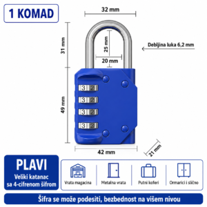 Katanac sa sifrom 4 cifre 42mm plavi