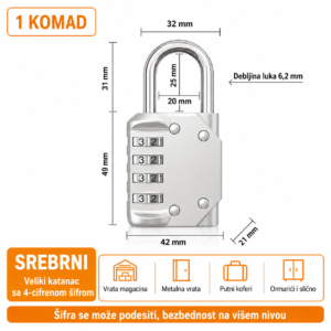 Katanac sa sifrom 4 cifre 42mm srebrni