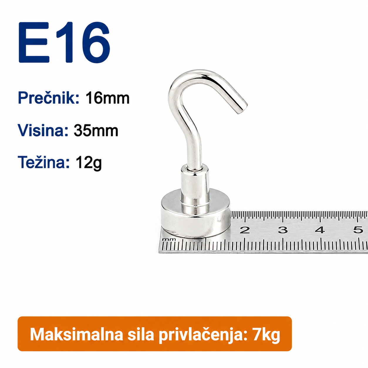 Neodimijski magnet sa kukom E16 16mm 7kg