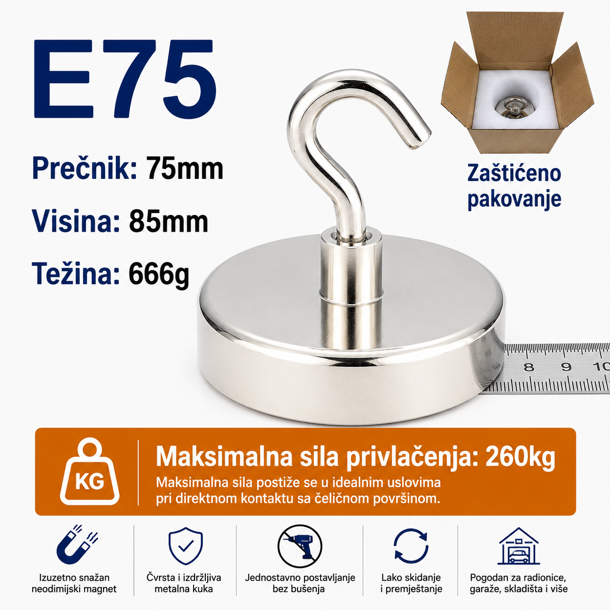 Neodimijski magnet sa kukom E75 75mm 260kg