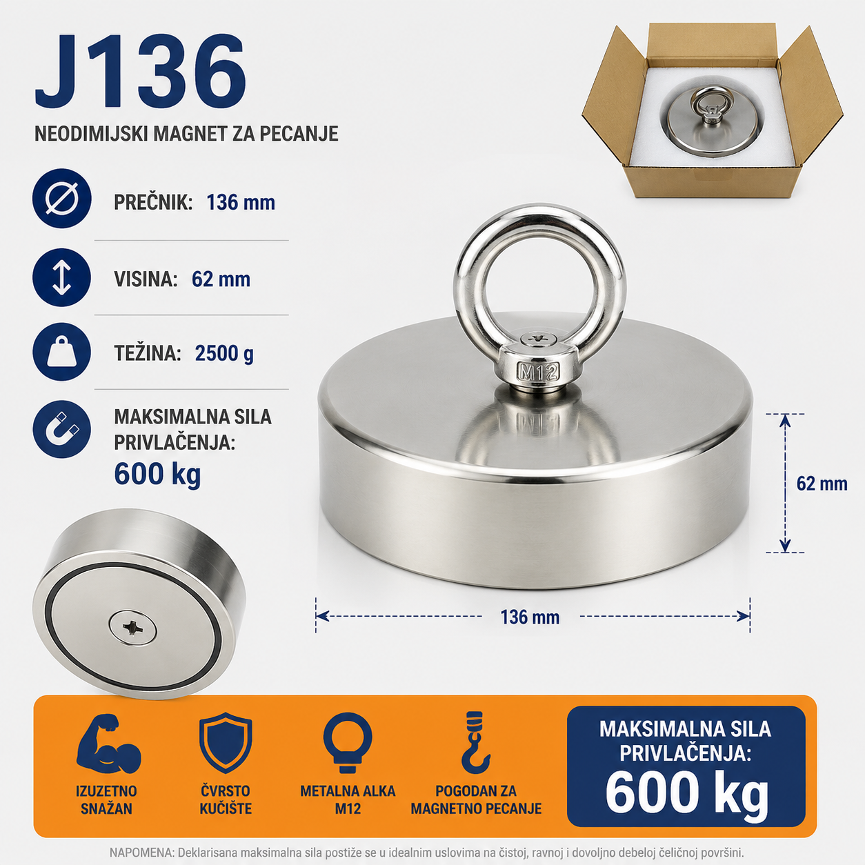 Neodimijski magnet za pecanje J136 136mm 600kg sa alkom