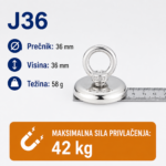 Neodimijski magnet za pecanje J36 36mm 42kg sa alkom