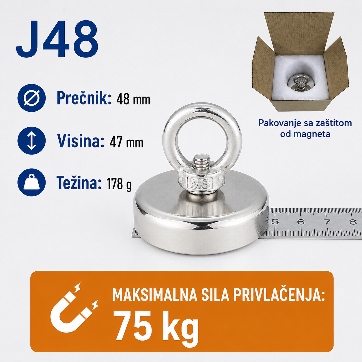 Neodimijski magnet za pecanje J48 48mm 75kg sa alkom