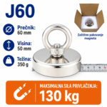 Neodimijski magnet za pecanje J60 60mm 130kg sa alkom