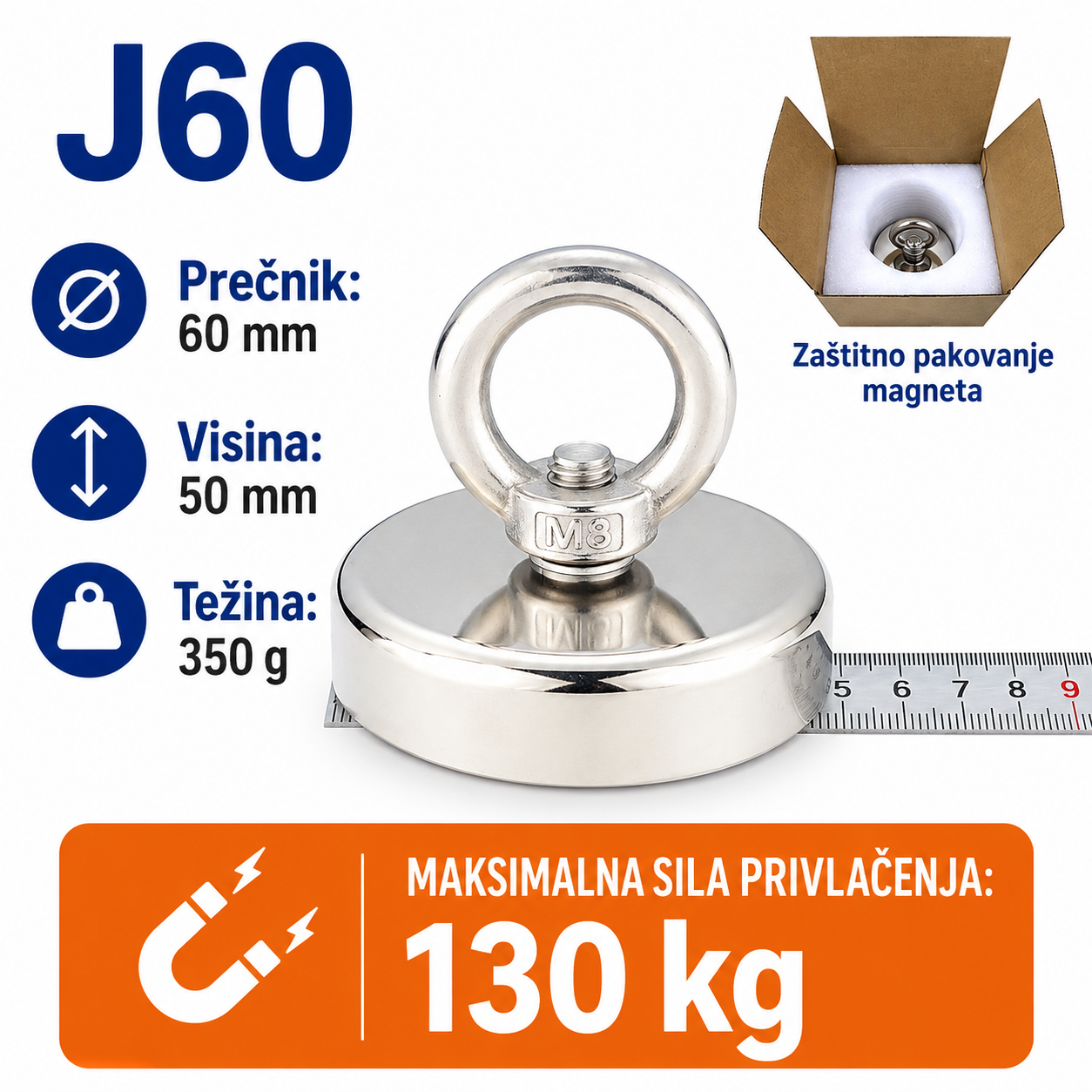 Neodimijski magnet za pecanje J60 60mm 130kg sa alkom