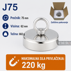 Neodimijski magnet za pecanje J75 75mm 220kg sa alkom