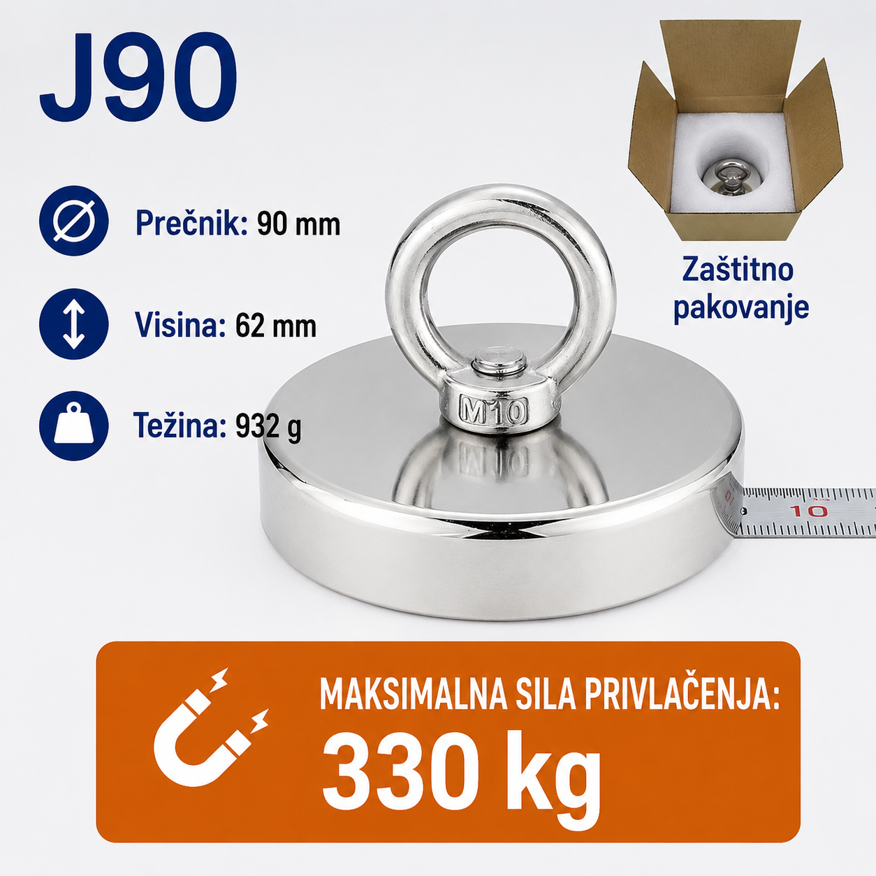 Neodimijski magnet za pecanje J90 90mm 330kg sa alkom