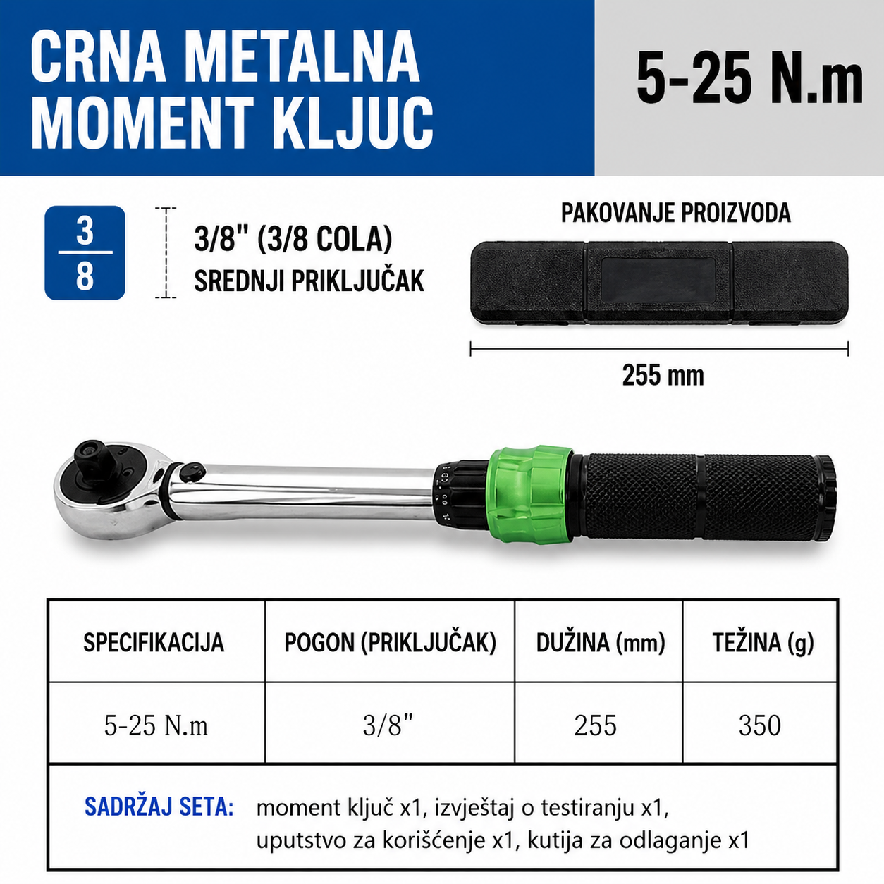 Moment kilo kljuc 5-25 Nm 3/8 sa kutijom zeleni