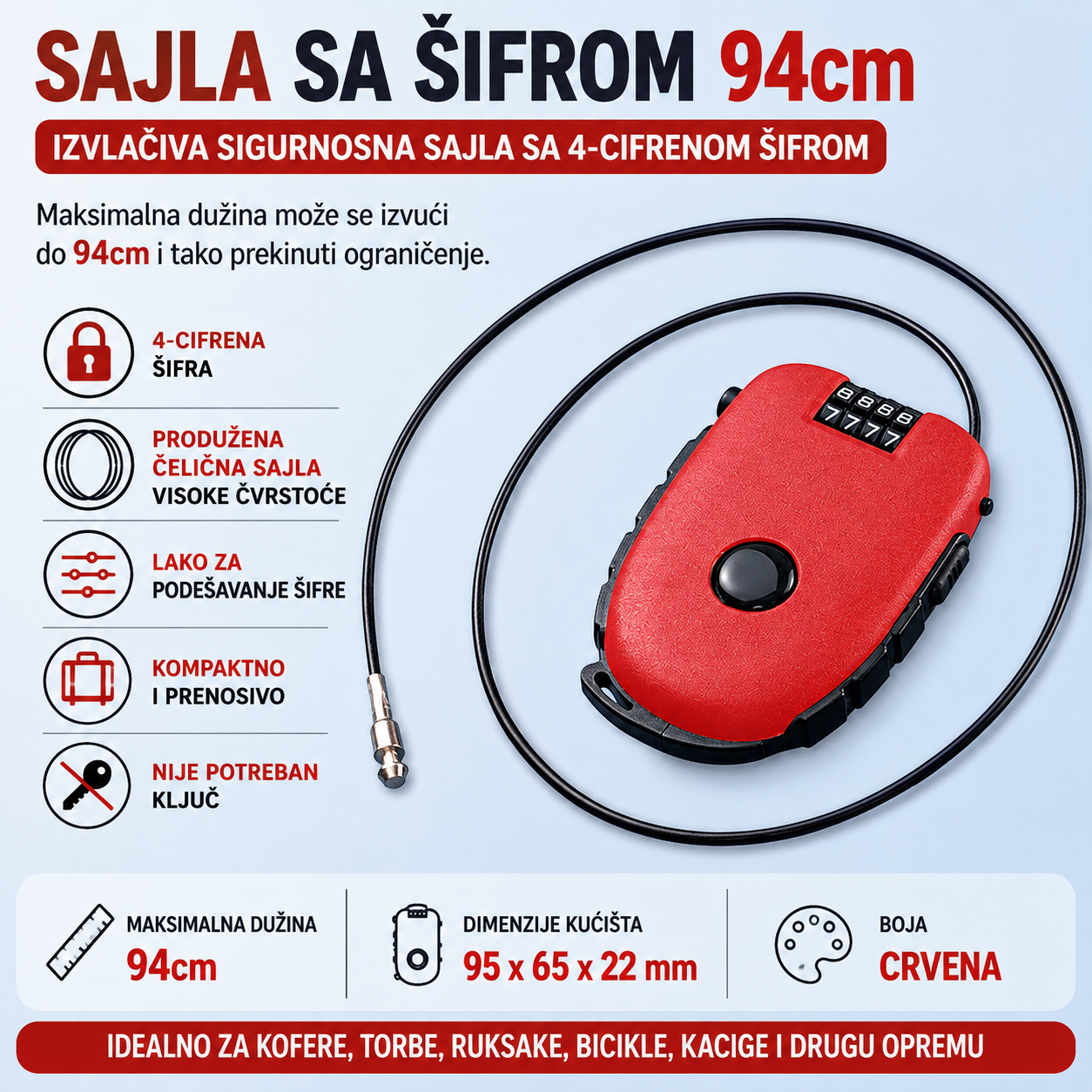 Sajla sa sifrom 75cm za kofer bicikl kacigu plava - Image 3