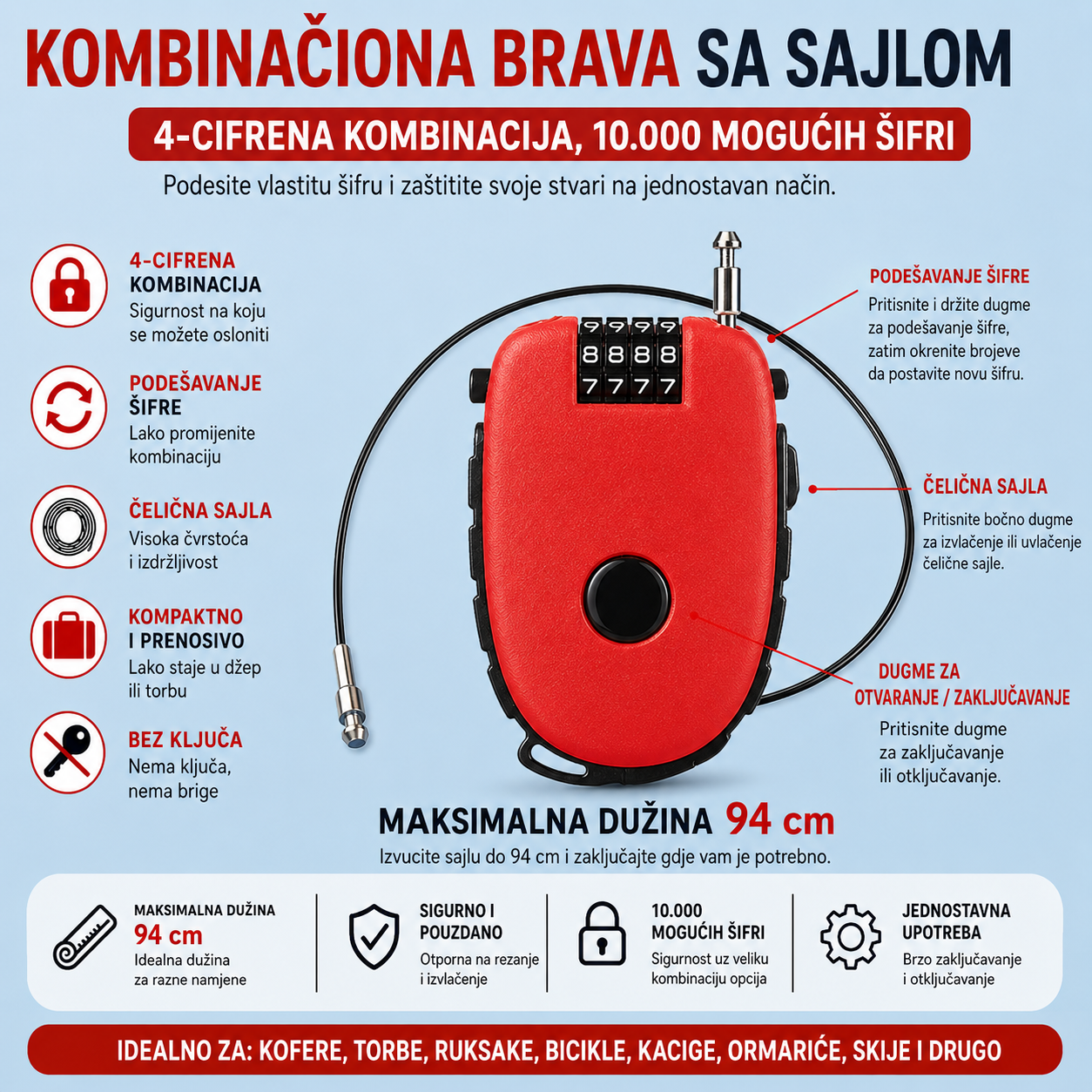 Sajla sa sifrom 75cm za kofer bicikl kacigu plava - Image 2
