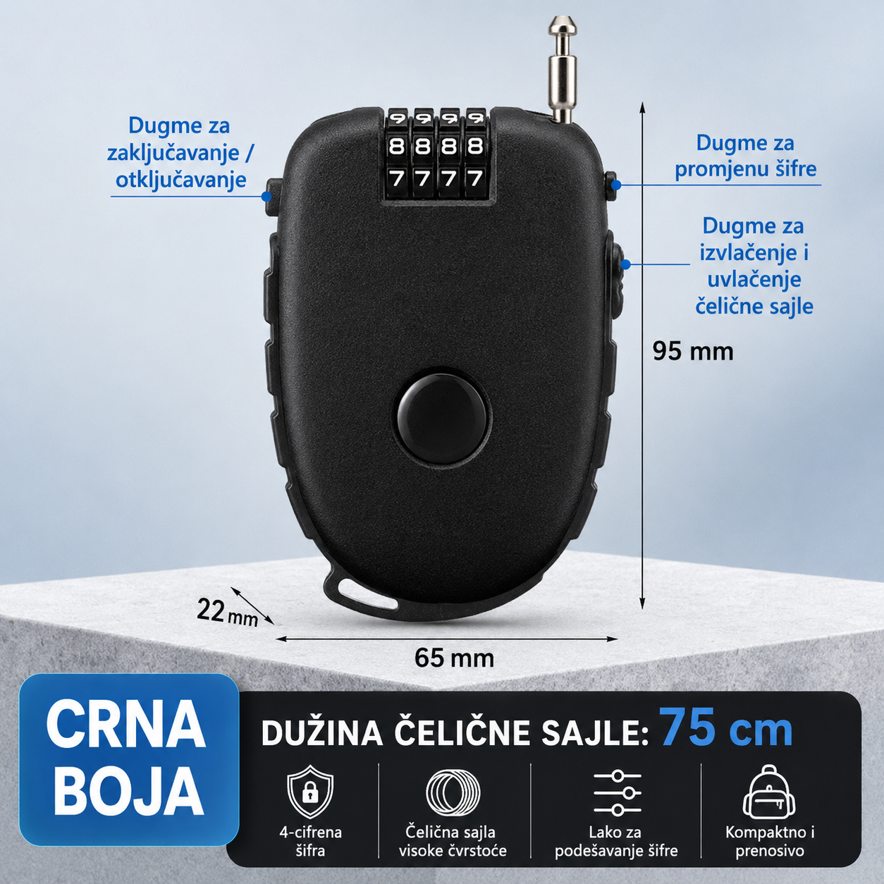 Sajla sa sifrom 75cm za kofer bicikl kacigu prtljag crna