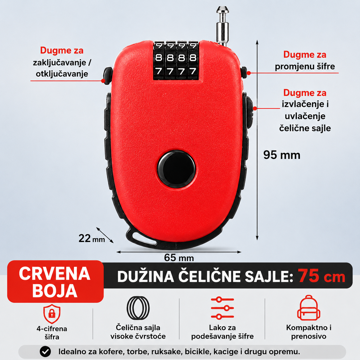 Sajla sa sifrom 75cm za kofer bicikl kacigu crvena