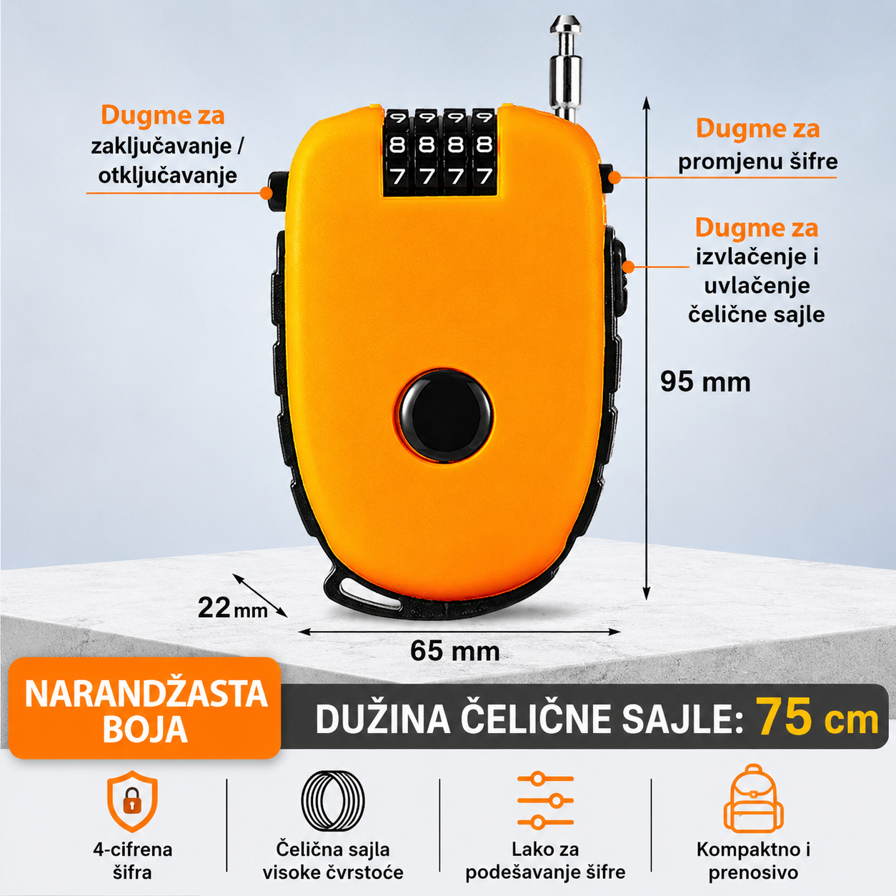 Sajla sa sifrom 75cm za kofer bicikl kacigu narandzasta