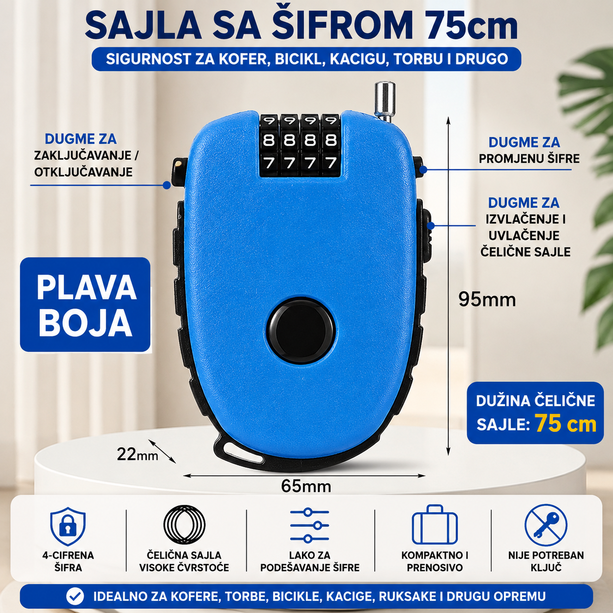 Sajla sa sifrom 75cm za kofer bicikl kacigu plava