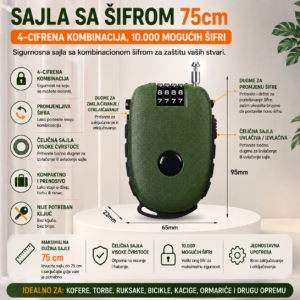 Sajla sa sifrom 75cm za kofer bicikl kacigu zelena
