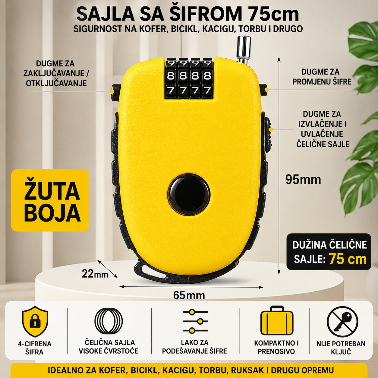 Sajla sa sifrom 75cm za kofer bicikl kacigu zuta
