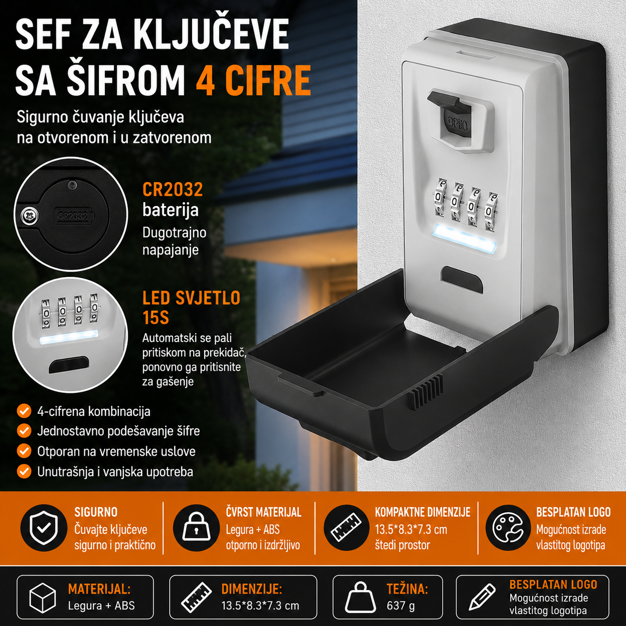 Sef za kljuceve sa sifrom 4 cifre LED svjetlo sivi