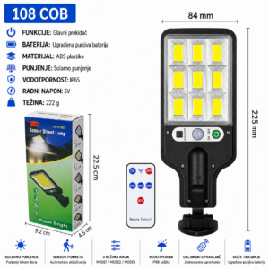 Solarna LED lampa 108 COB IP65 sa senzorom i daljinskim
