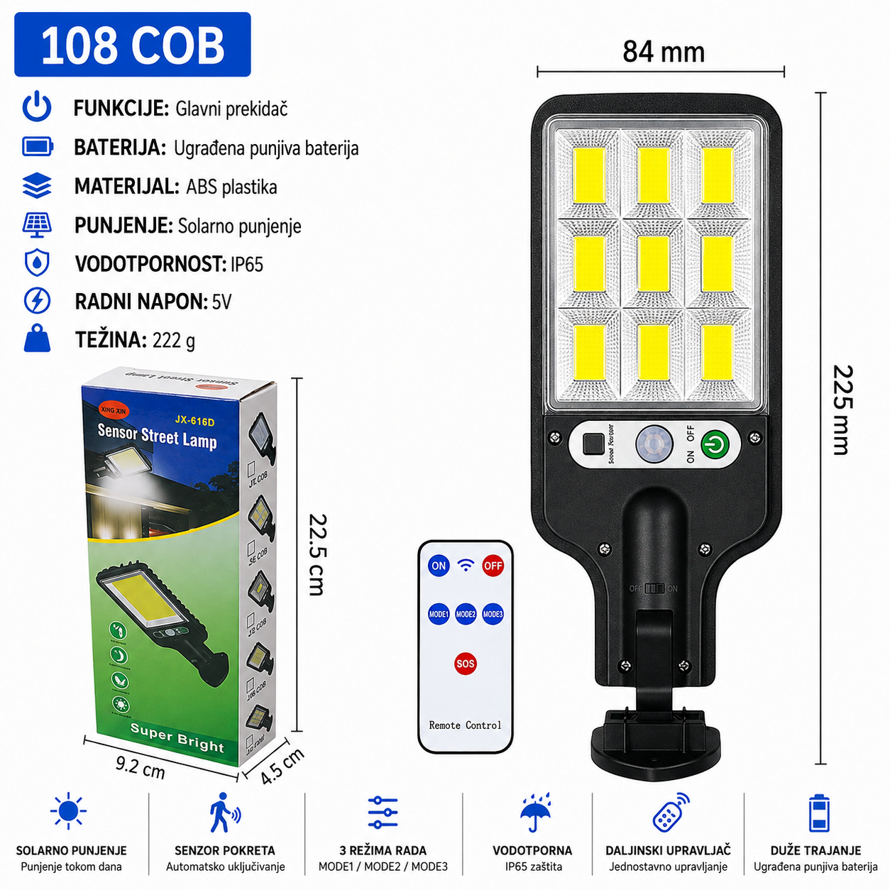 Solarna LED lampa 108 COB IP65 sa senzorom i daljinskim