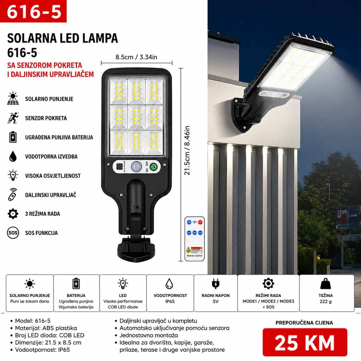 Solarna LED lampa 616-5 sa senzorom i daljinskim IP65