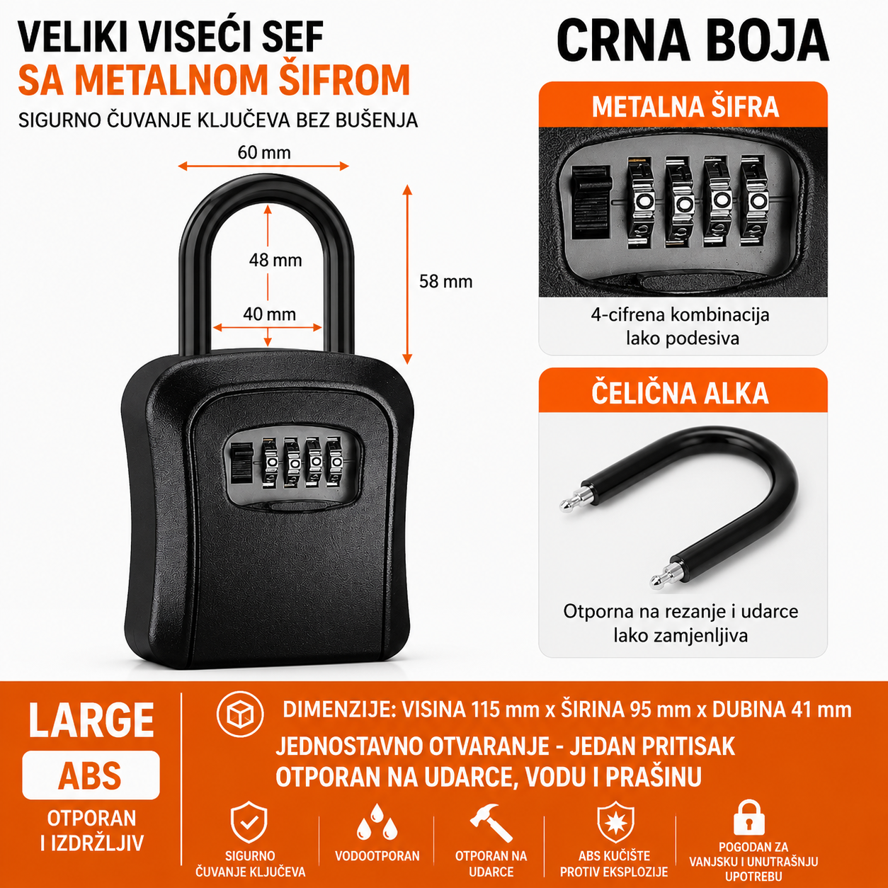 Viseci sef za kljuceve sa metalnom sifrom Large crni