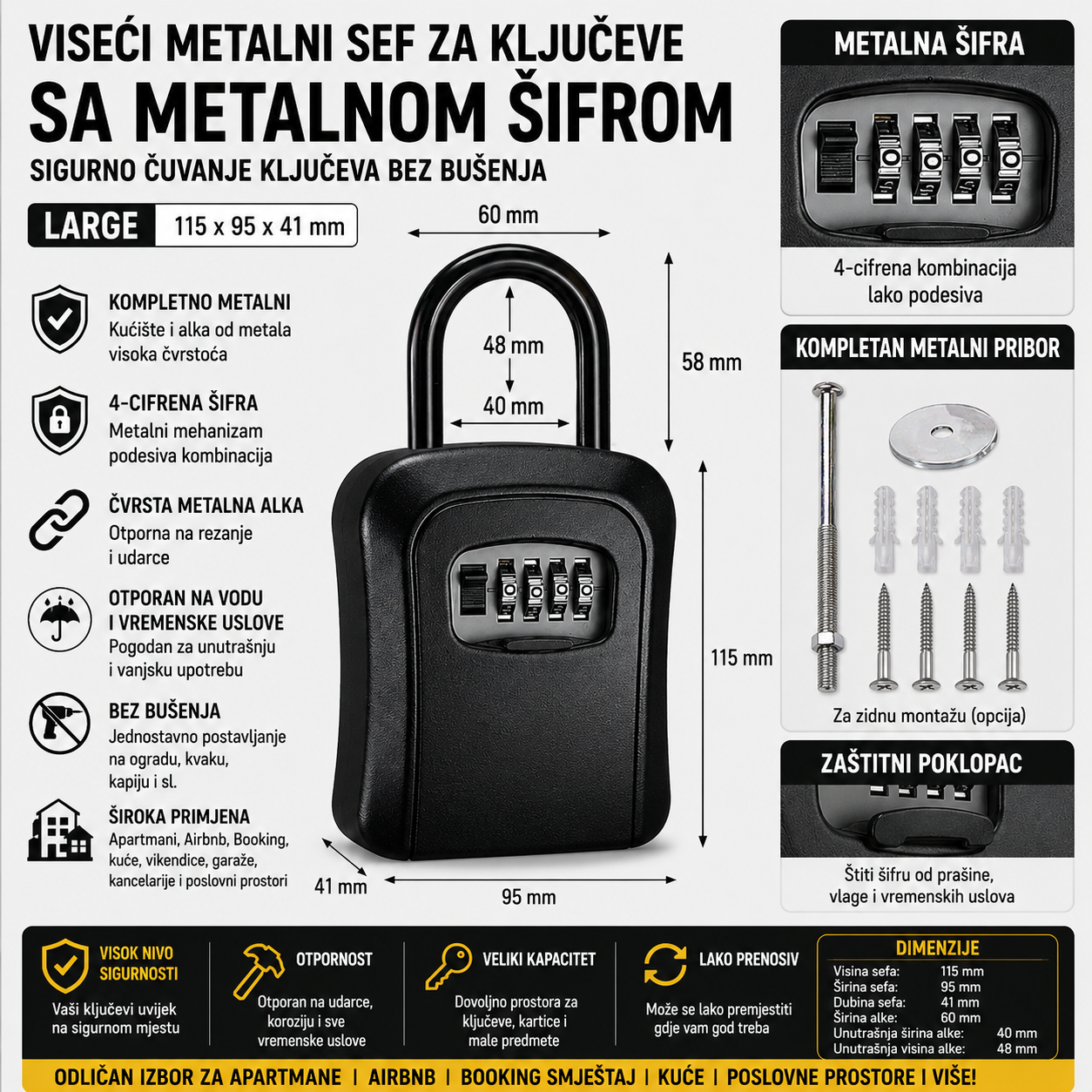 Viseci metalni sef za kljuceve sa sifrom Large crni