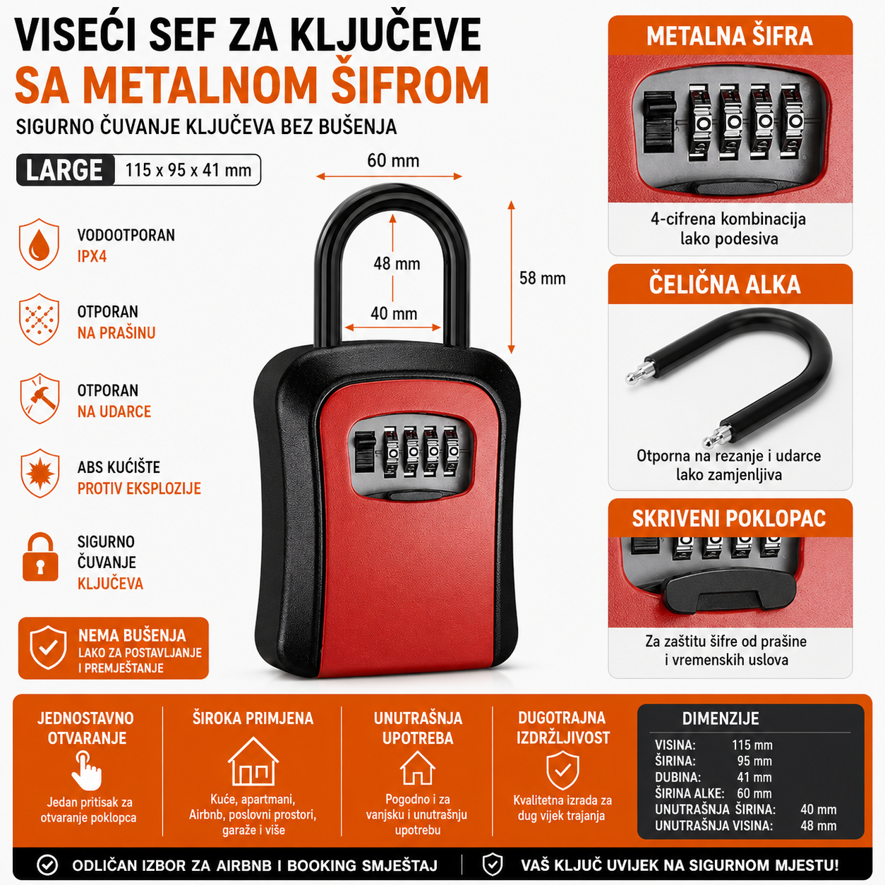 Viseci sef za kljuceve sa metalnom sifrom Large crveni
