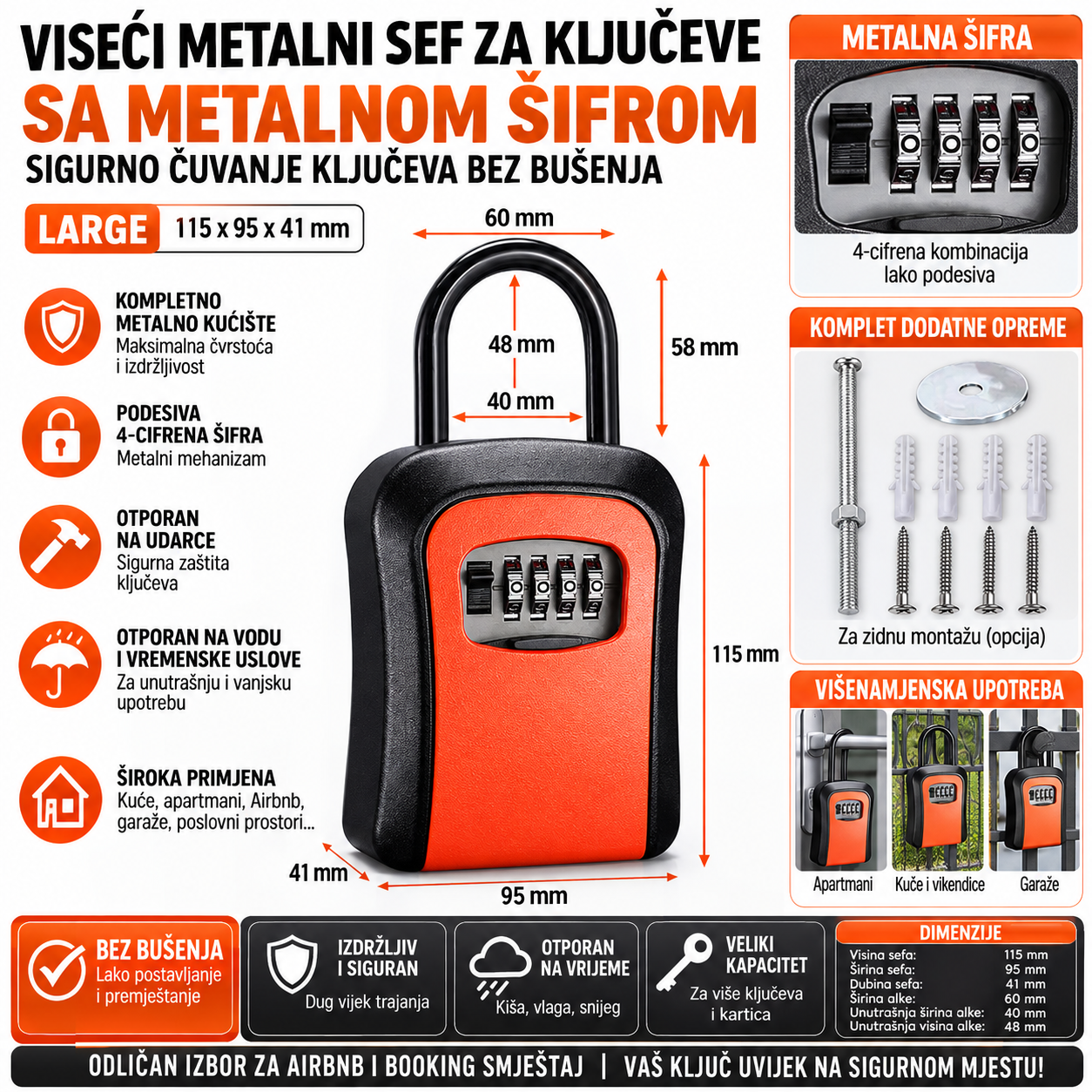 Viseci metalni sef za kljuceve sa sifrom Large crveni