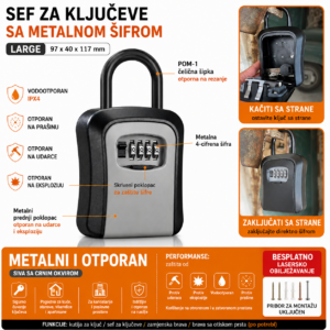 Viseci sef za kljuceve sa metalnom sifrom Large sivi