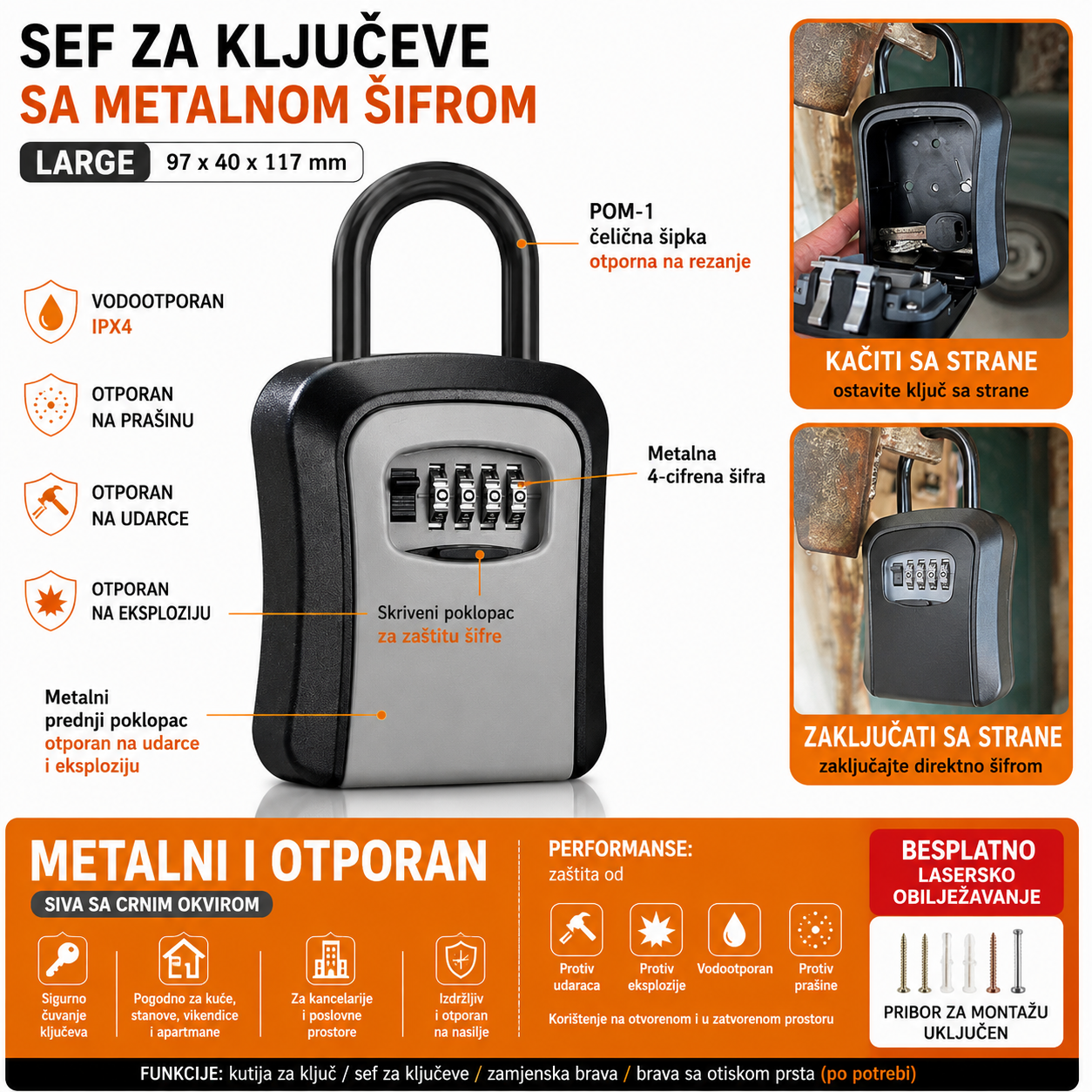 Viseci sef za kljuceve sa metalnom sifrom Large sivi