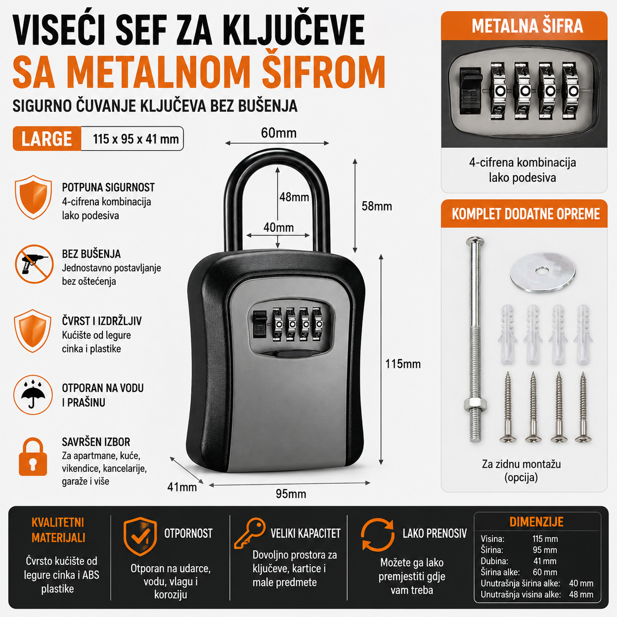 Viseci metalni sef za kljuceve sa sifrom Large sivi
