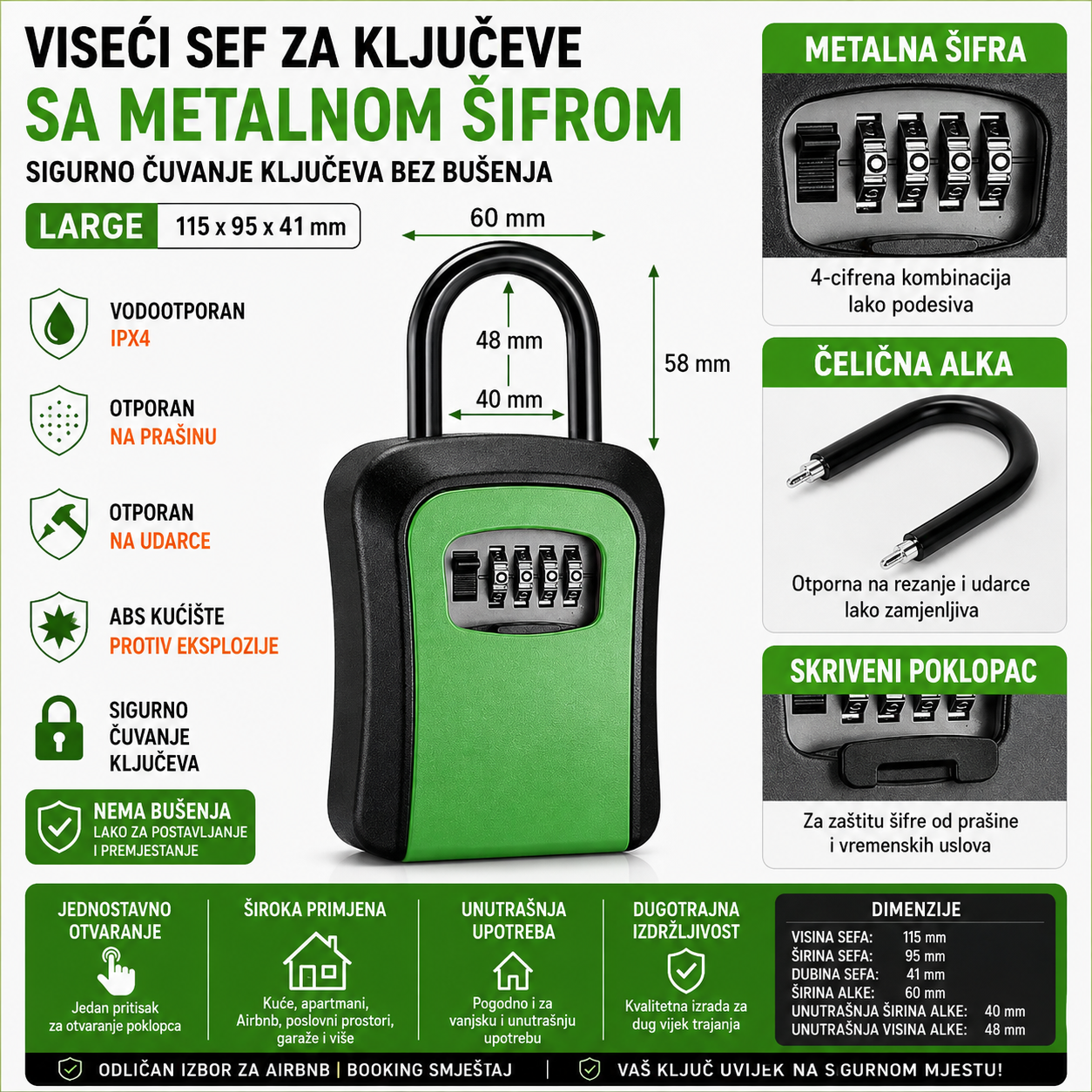 Viseci sef za kljuceve sa metalnom sifrom Large zeleni